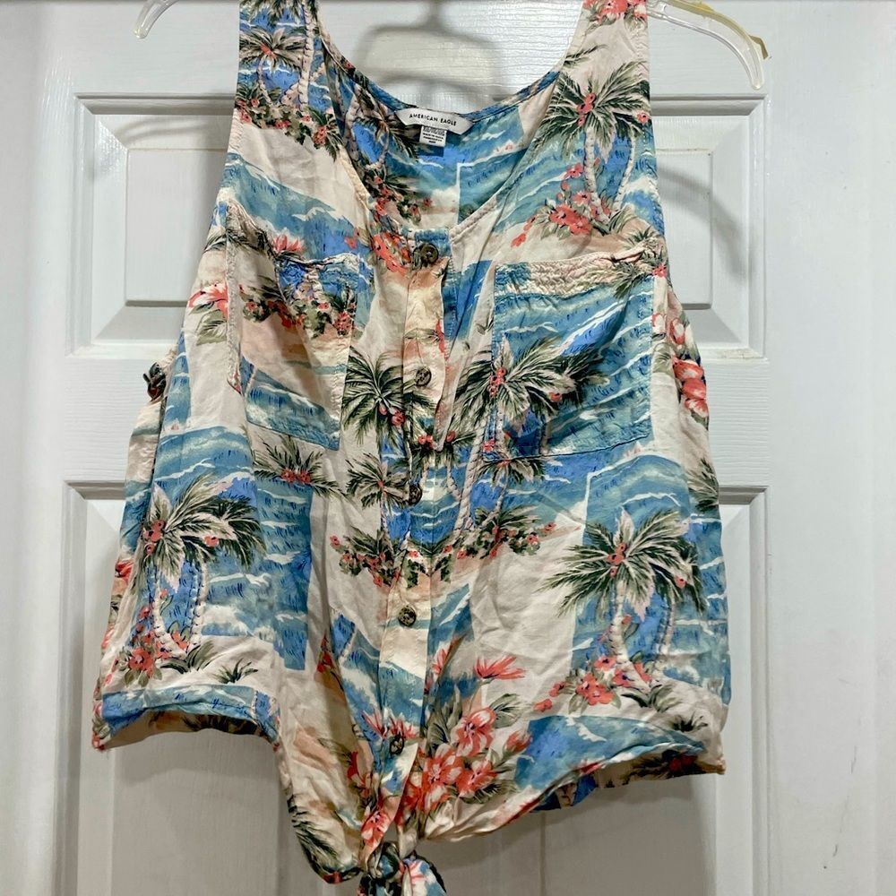 American Eagle XXL Crop top sleeveless front knot beach print palm tree print 2x